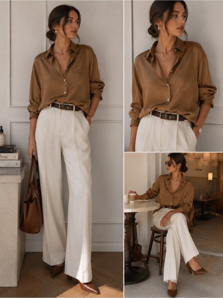 Woman wearing a camel satin button-down shirt tucked into white wide-leg trousers, styled with a brown leather belt, matching pointed-toe heels, and a structured leather tote bag. The camel and white outfit color combo creates a sophisticated, elegant, and expensive-looking appearance.