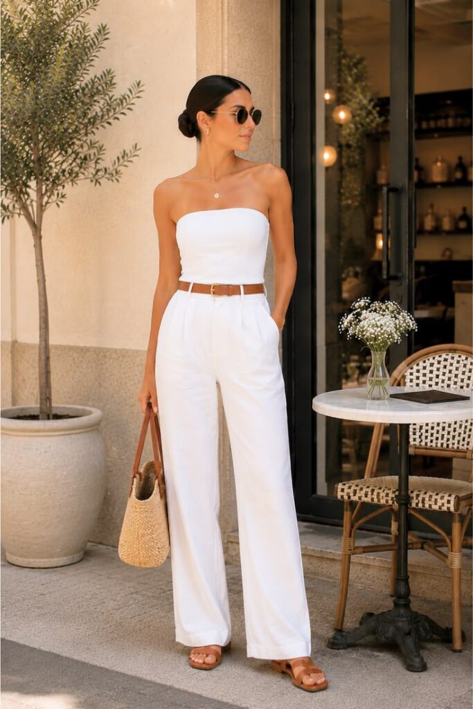 A street-style image showcasing elegant summer outfits, featuring a woman with a sleek low bun standing outside a café next to a marble table. She is wearing high-waisted white wide-leg trousers, a white strapless top, and a tan leather belt. She carries a straw tote bag with leather handles and wears flat tan sandals, round dark sunglasses, and a simple gold pendant necklace.