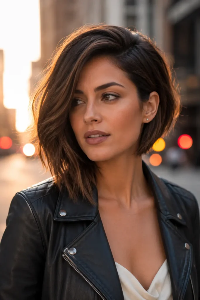 A woman wearing an asymmetrical bob hairstyle with one side slightly longer than the other and soft textured layers. This stylish short bob hairstyle flatters diamond, oval, and round face shapes while creating a chic, fashion-forward look that's perfect for everyday wear or special occasions.