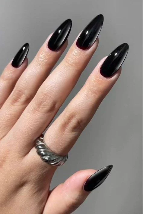 Black velvet cat eye nails with a glossy magnetic finish on almond-shaped nails.