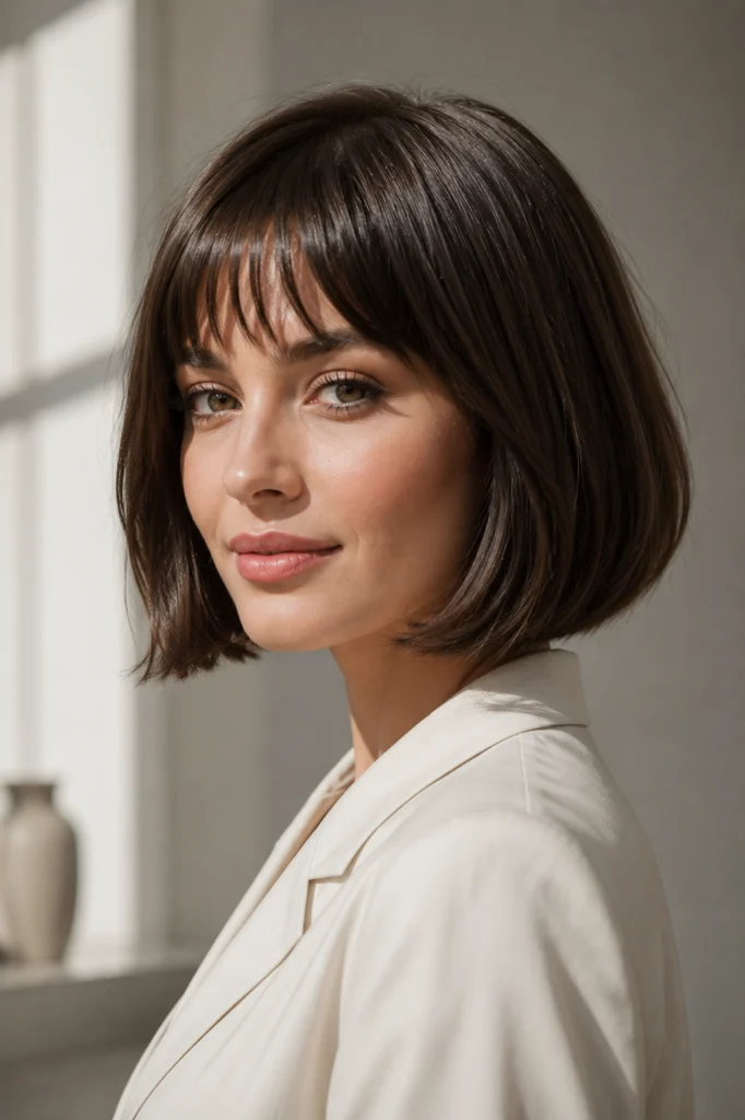 A woman wearing a chin-length bob hairstyle with a light wispy fringe and a silky smooth finish. This modern short bob haircut softly frames the face while flattering oval, heart, and oblong face shapes, making it a versatile choice for everyday elegance.