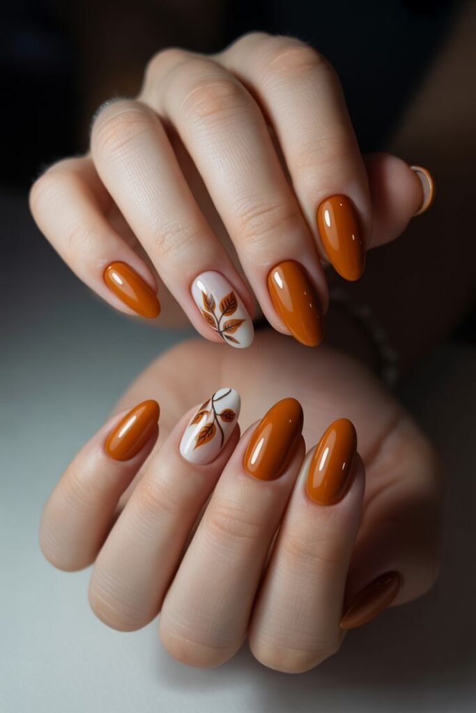Glossy burnt orange almond nails with delicate autumn leaf art on white accent nails, creating a cozy and elegant fall manicure.