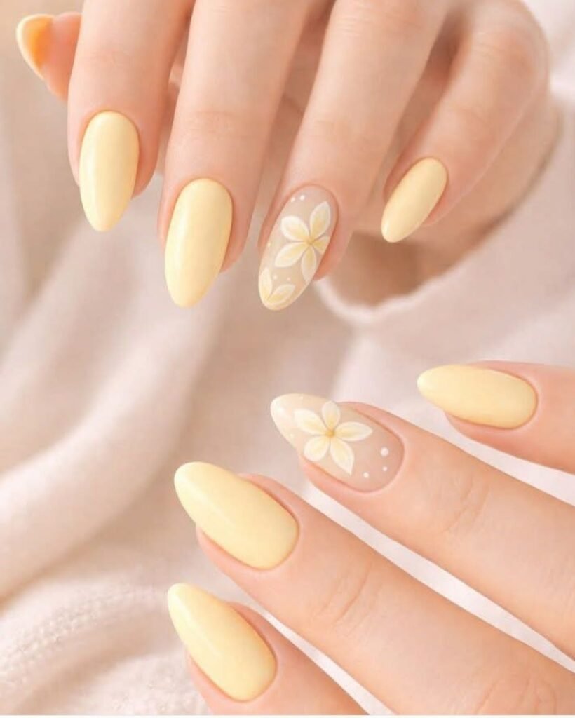 A gentle close-up of a hand with neat almond-shaped nails painted in a soft pastel butter yellow color. The ring fingers serve as accent nails, beautifully decorated with large, hand-painted white and yellow tropical flower designs.