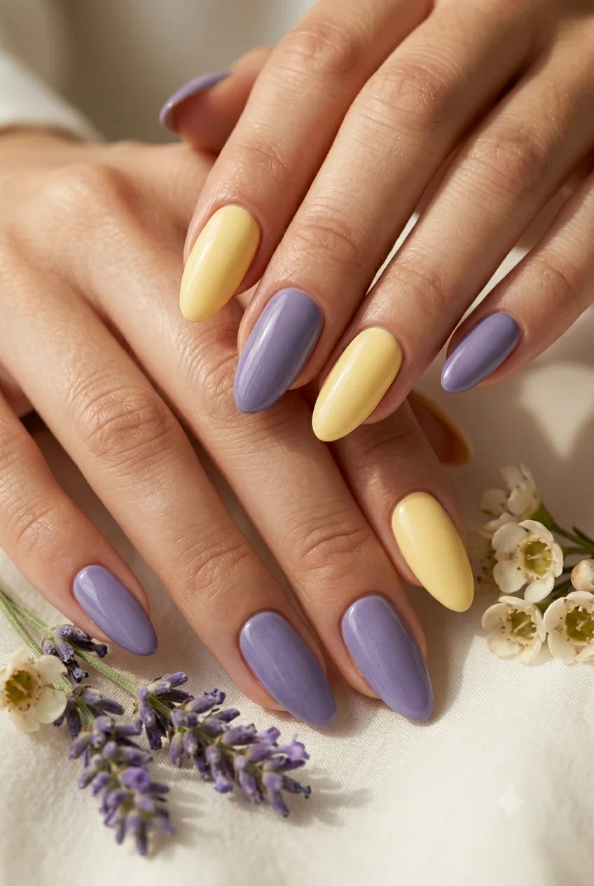 A professional lifestyle shot showing a close-up of two hands crossed over a white linen cloth. The medium almond-shaped nails feature an alternating solid pastel pattern of glossy butter yellow and soft lavender purple, beautifully arranged alongside sprigs of fresh lavender and tiny white flowers.