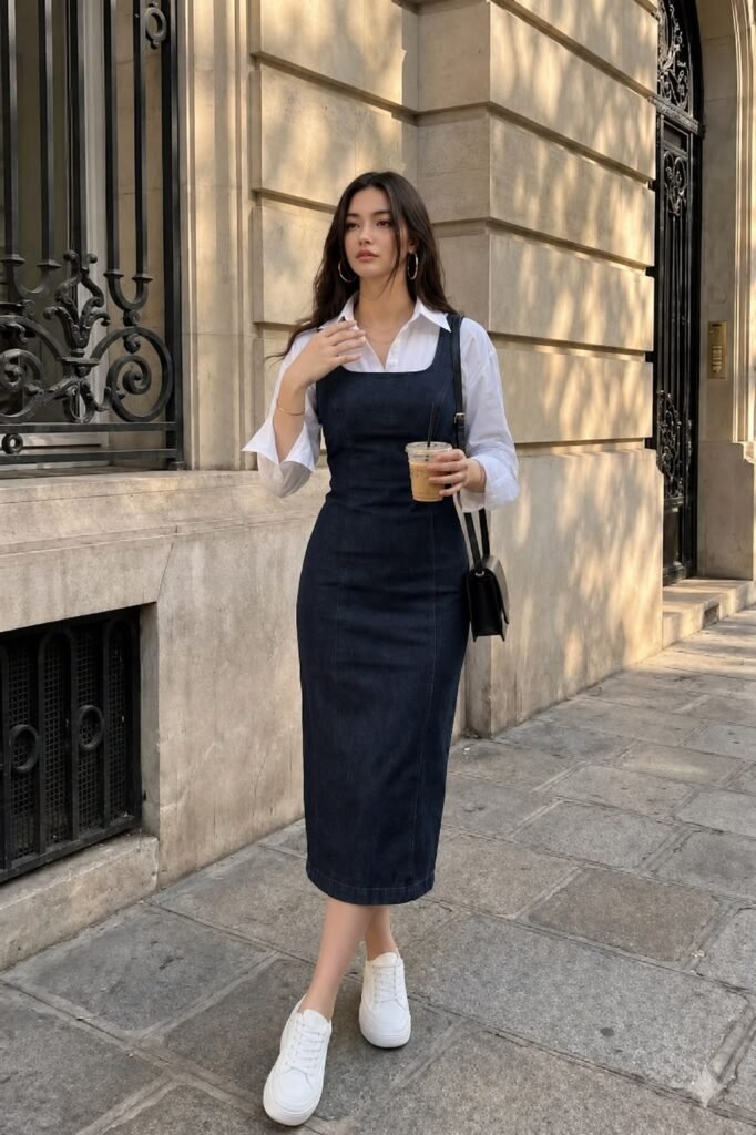 Woman wearing a denim midi dress layered over a white button-down shirt with white sneakers and a black shoulder bag for a chic fall outfit.