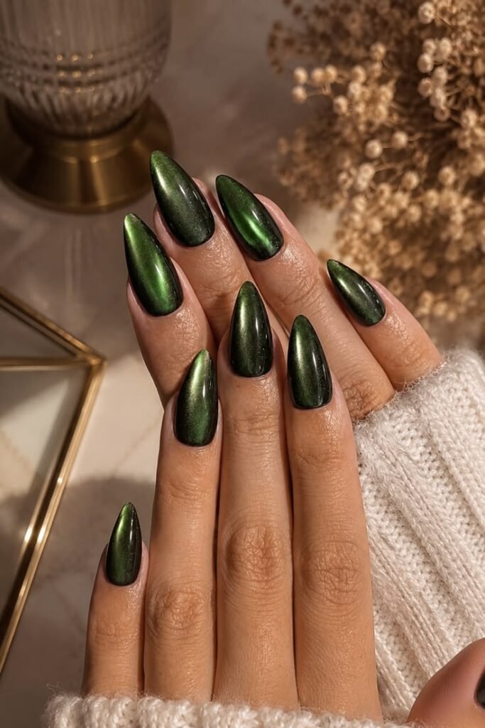 Emerald green cat eye nails with a magnetic shimmer on glossy almond-shaped nails.