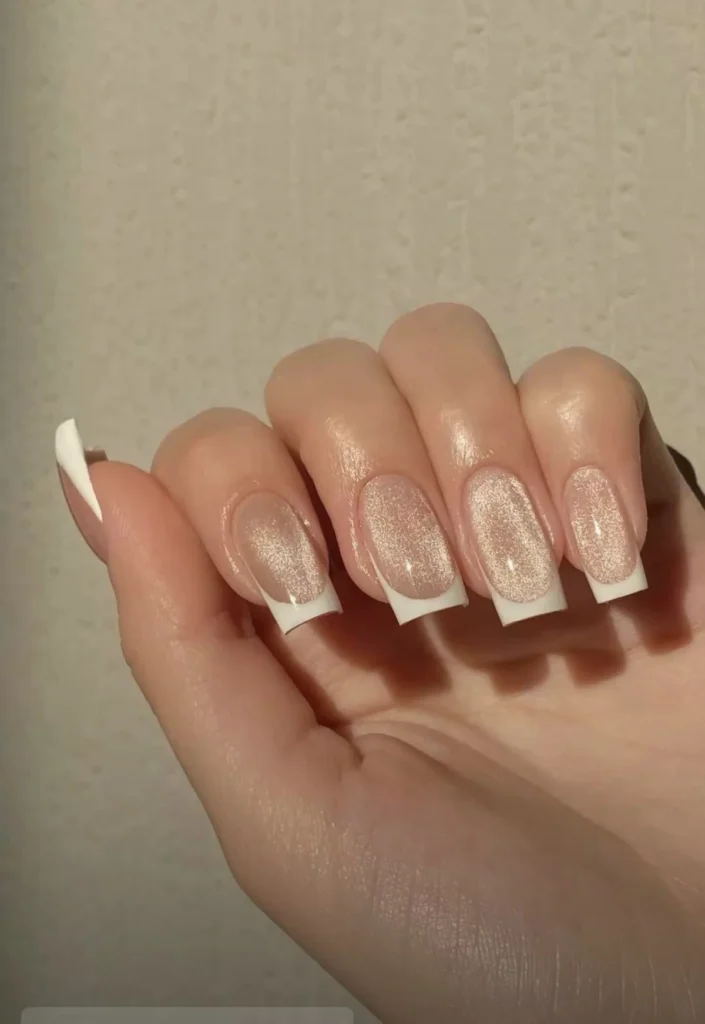 French tip cat eye nails with a nude magnetic shimmer and glossy white tips on square-shaped nails.