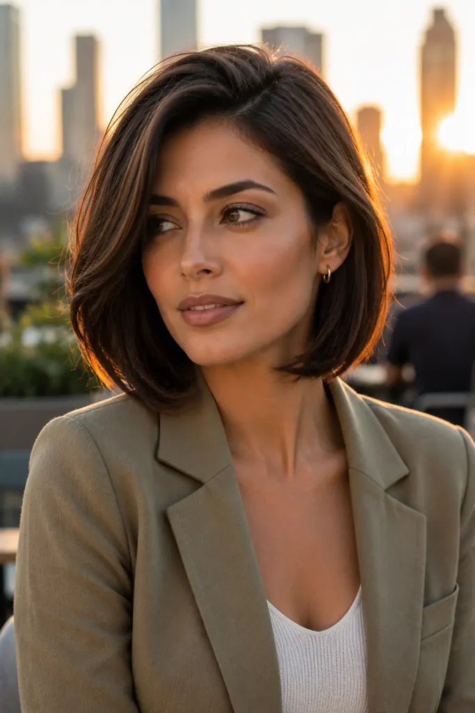 Woman with a sleek side-part bob hairstyle featuring a deep side part and chin-length hair.