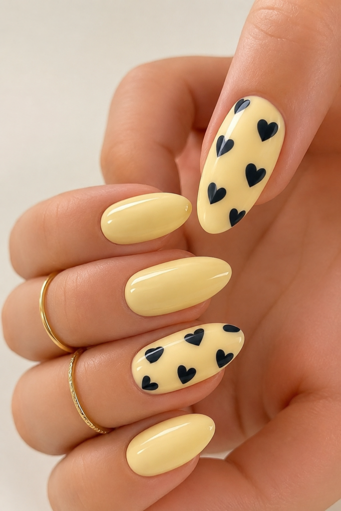 A high-quality close-up of a hand with long almond and oval-shaped nails. The manicure features a solid, glossy butter yellow base with selected accent nails decorated in a repeating pattern of small, hand-painted jet-black hearts, beautifully accessorized with two thin gold bands.