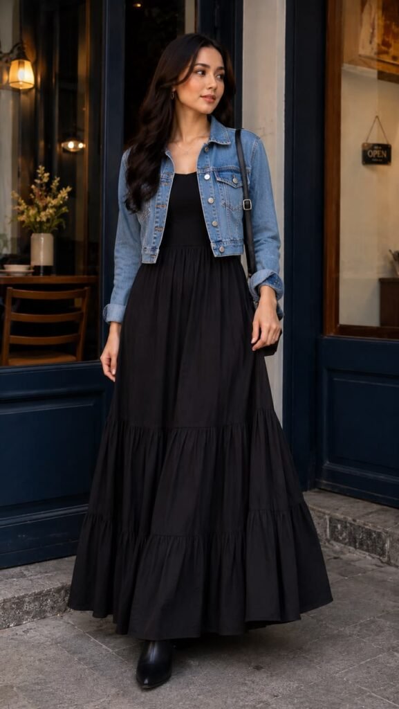 Woman wearing a black tiered maxi dress layered with a cropped light-wash denim jacket and black leather boots standing outside a cafe for a casual fall outfit.