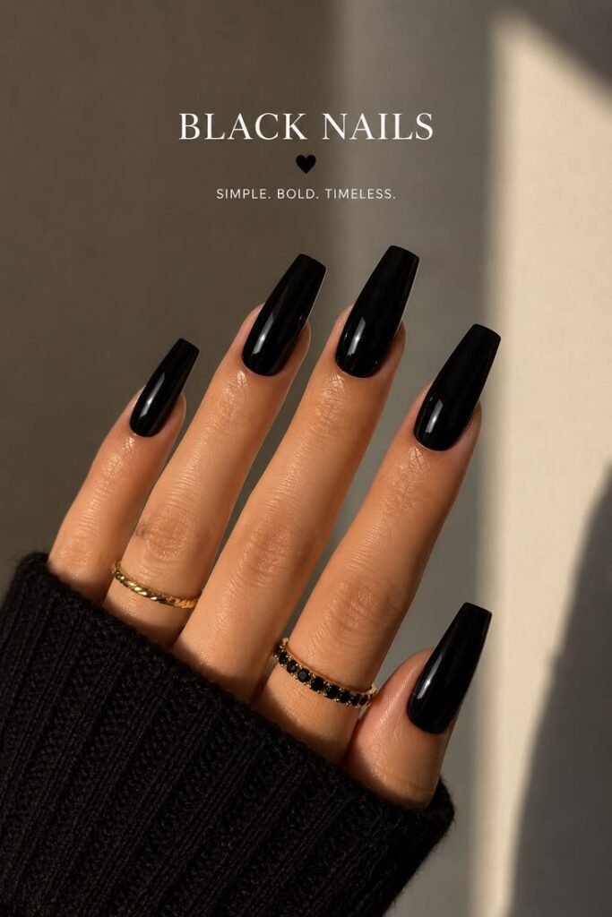 Glossy black coffin nails, solid dark black cream manicure on long nails, and bold minimalist monochrome nail design with gold jewelry.