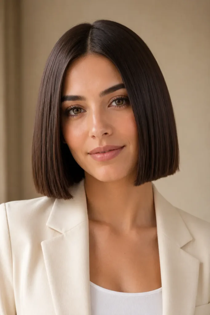A woman wearing a sleek blunt bob hairstyle with straight jaw-length hair and a center part. This timeless short bob hairstyle creates a clean, polished appearance while making the hair look fuller and healthier.