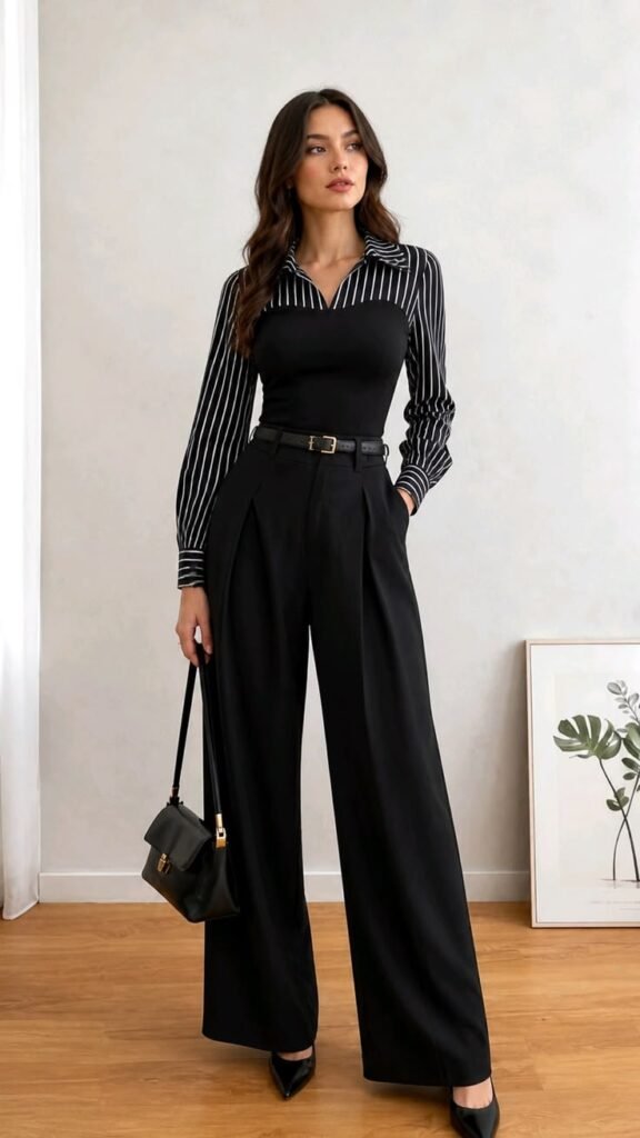 Black monochrome work outfit featuring a striped button-down shirt, fitted black top, high-waisted wide-leg trousers, black heels, and a structured handbag for a professional office look.