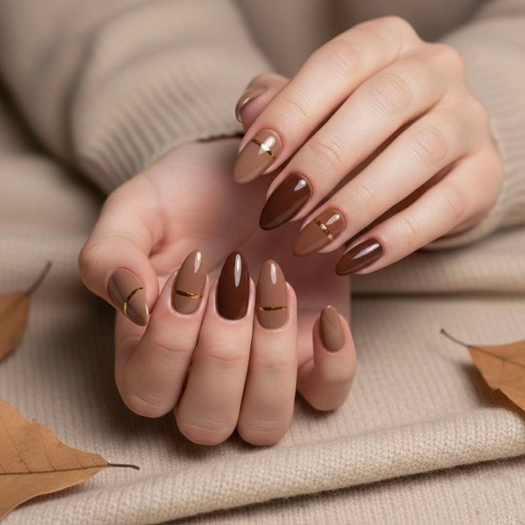 Multi-toned brown and taupe fall nails with gold metallic horizontal stripes, glossy almond-shaped manicure, and minimalist warm autumn nail design.