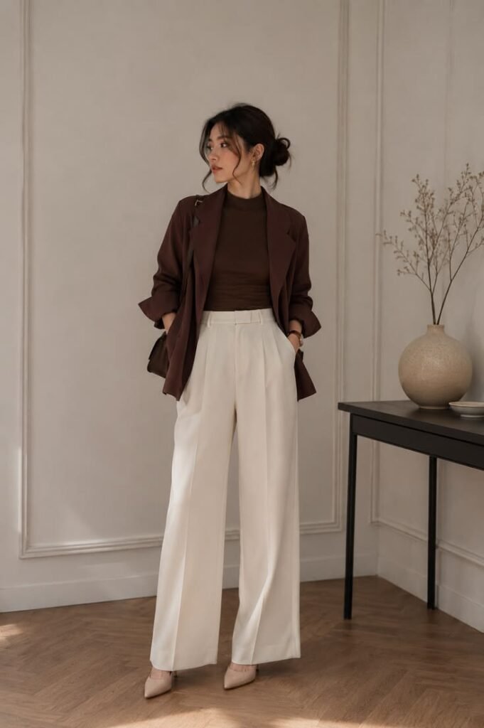 Elegant brown blazer with white wide-leg trousers and nude heels for a professional work outfit.
