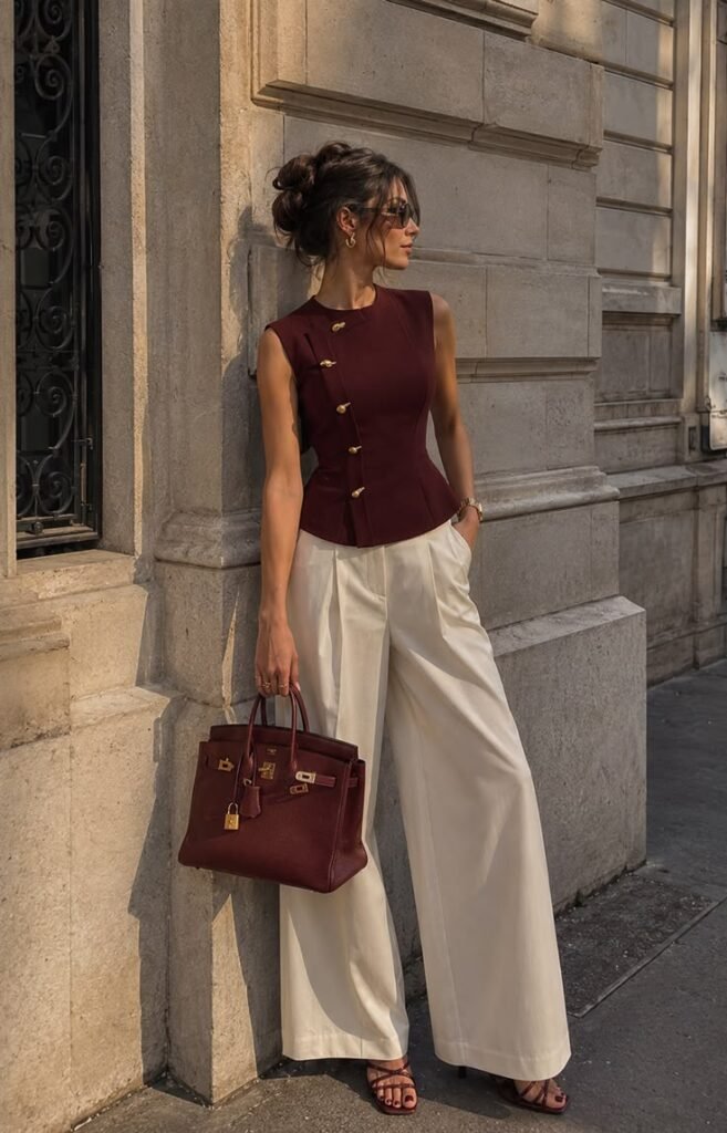 Elegant work outfit featuring a burgundy sleeveless peplum top with gold button details, ivory wide-leg trousers, matching burgundy heels, and a structured handbag for a sophisticated office look.