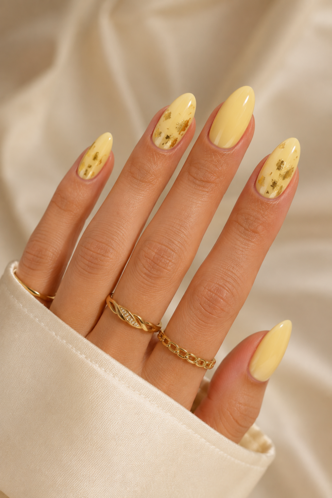 A high-quality close-up of a hand with elegant almond-shaped nails painted in a soft butter yellow shade. Some nails are decorated with delicate shiny gold foil flakes, while the look is accessorized with thin gold rings and a silk shirt sleeve.