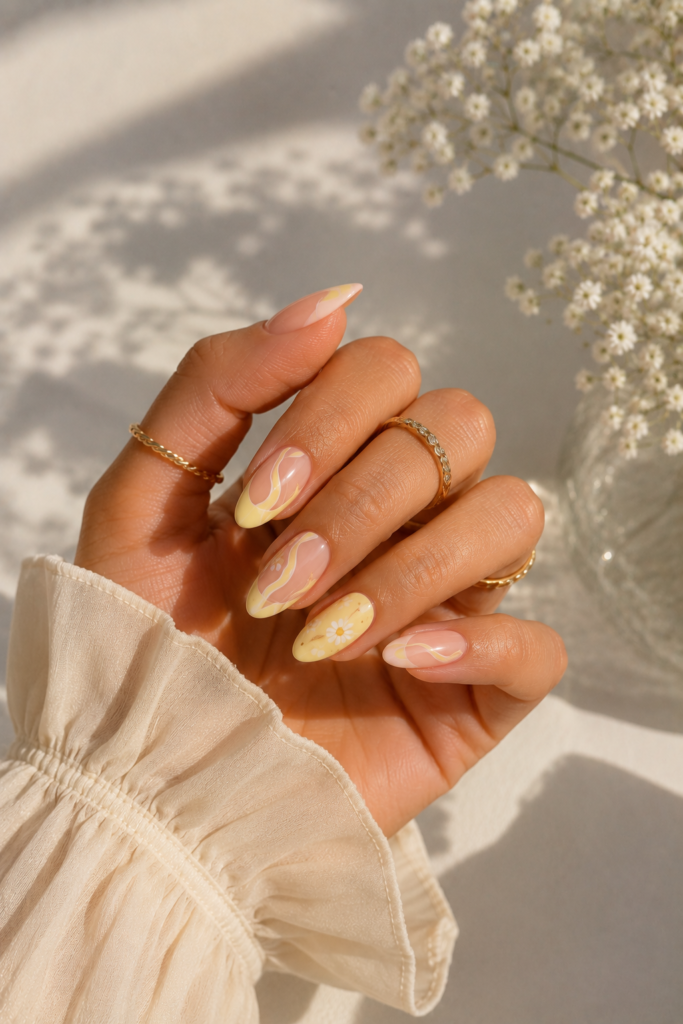 Glossy almond-shaped butter yellow nails with white swirls, daisy nail art, and a nude base, styled with gold rings and a soft cream sleeve in natural sunlight.