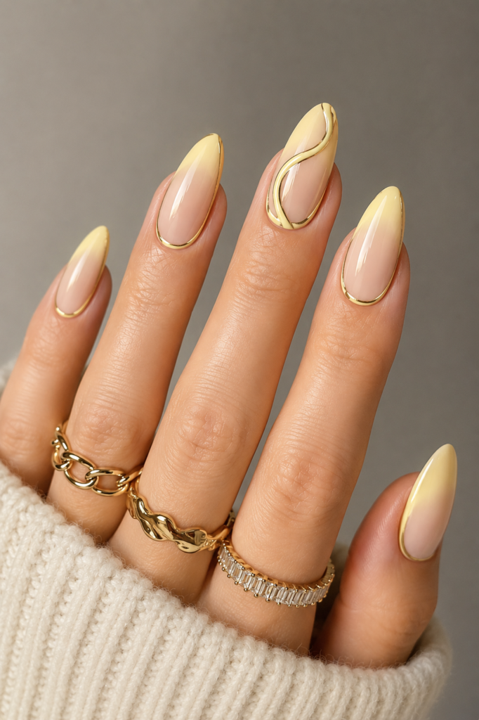 A high-quality close-up of a hand with long almond-shaped nails featuring a soft nude-to-butter-yellow ombre gradient. The nails are detailed with fine metallic gold chrome borders and a wavy gold line accent, complemented by chunky gold rings and a white knit sweater cuff.