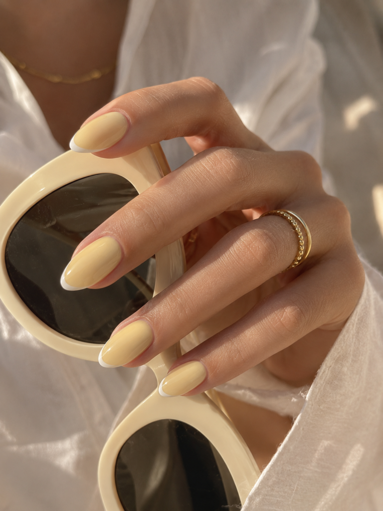 A featured image showing a classy summer manicure on elegant almond nails. The design features a solid pastel butter yellow base with ultra-thin, crisp white French tips. The hand holds cream-colored sunglasses and wears a simple gold ring under warm natural sunlight.