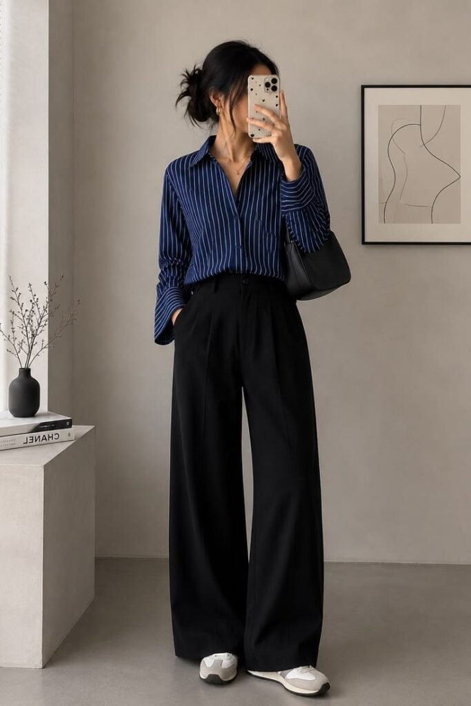 Woman wearing black wide leg trousers with a navy striped button-down shirt and white sneakers for a chic summer office outfit.