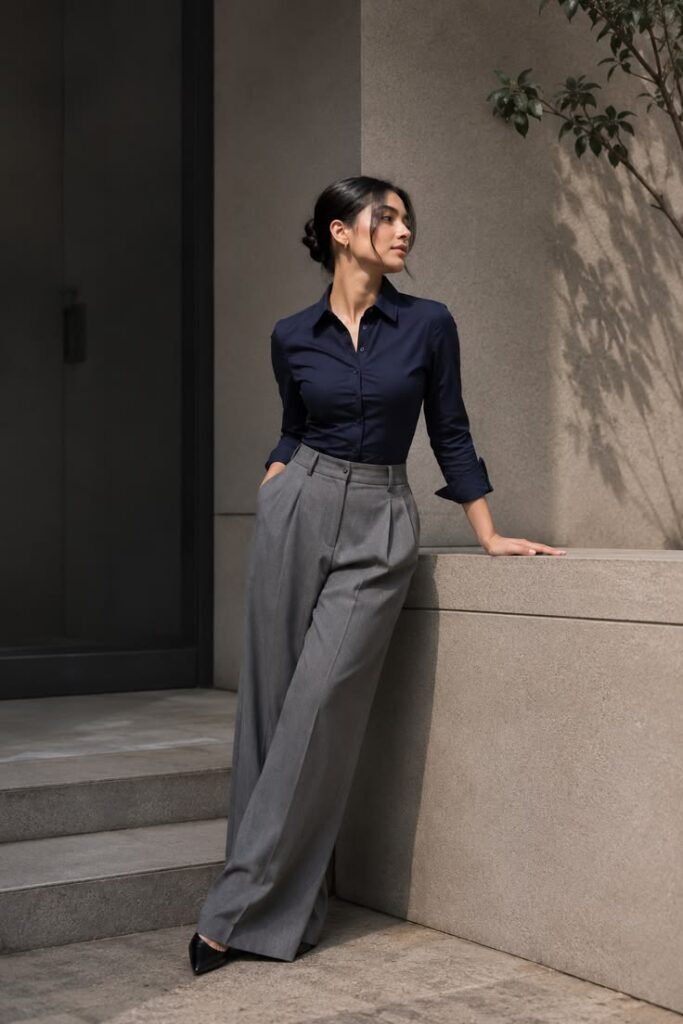 A professional woman modeling stylish work outfits featuring a fitted navy blue button-down shirt tucked into high-waisted grey wide-leg pleated trousers and paired with black pointed-toe pumps.
