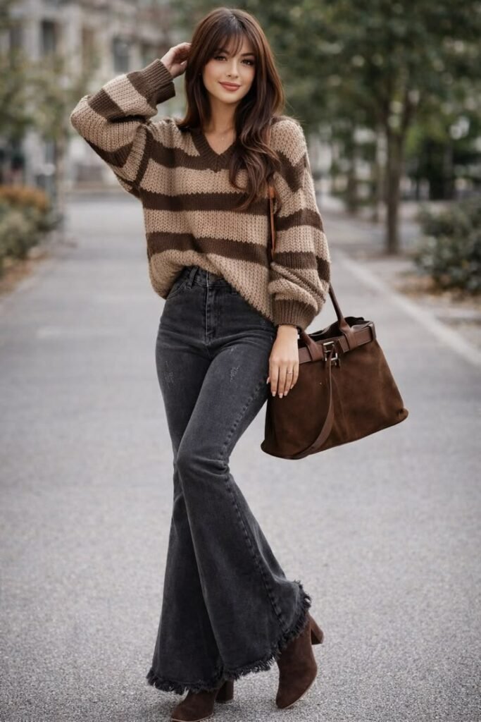 Woman standing on a paved walkway wearing an oversized tan and brown striped sweater half-tucked into charcoal black flare jeans, holding a large brown suede bag making a Fall Outfit Ideas.