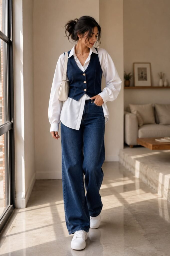 A woman standing indoors wearing casual work outfits featuring an oversized white button-down shirt layered under a dark blue denim vest, paired with matching wide-leg blue jeans and white sneakers.