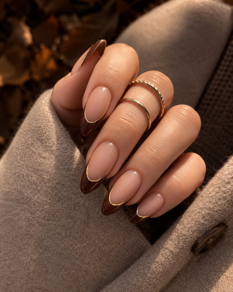 Almond-shaped nude nails with chocolate brown French tips and thin gold chrome outlines, creating an elegant fall manicure with a quiet luxury aesthetic.