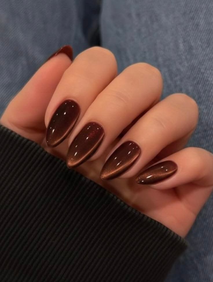 Chocolate brown cat eye nails with a bronze magnetic shimmer on glossy almond-shaped nails.