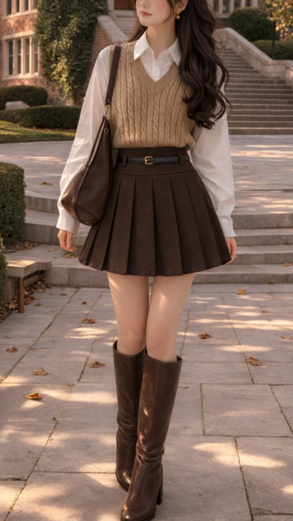 Woman wearing a cable-knit sweater vest over a white button-down shirt with a brown pleated mini skirt, knee-high brown boots, and a matching shoulder bag for a preppy fall outfit.