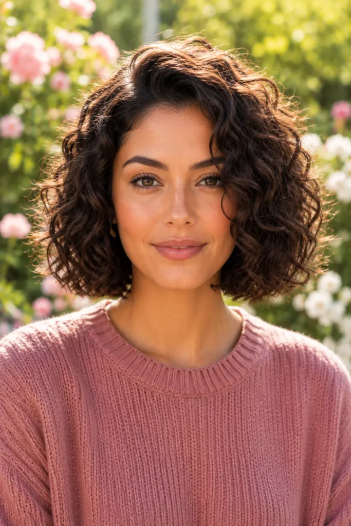 A woman wearing a curly bob hairstyle with soft, defined curls and natural volume. This elegant short bob hairstyle enhances natural texture, flatters heart, oval, and diamond face shapes, and creates a fresh, stylish look for everyday wear or special occasions.