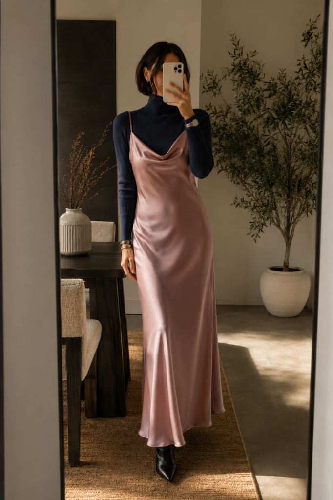 Woman taking a mirror selfie wearing a dusty pink satin slip dress layered over a navy blue ribbed turtleneck sweater and pointed-toe black boots.