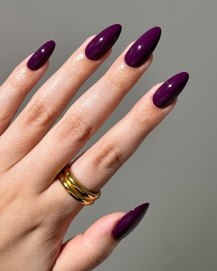 Deep plum purple simple
nail ideas, glossy long almond manicure, and moody solid-colored dark purple minimalist nail design.