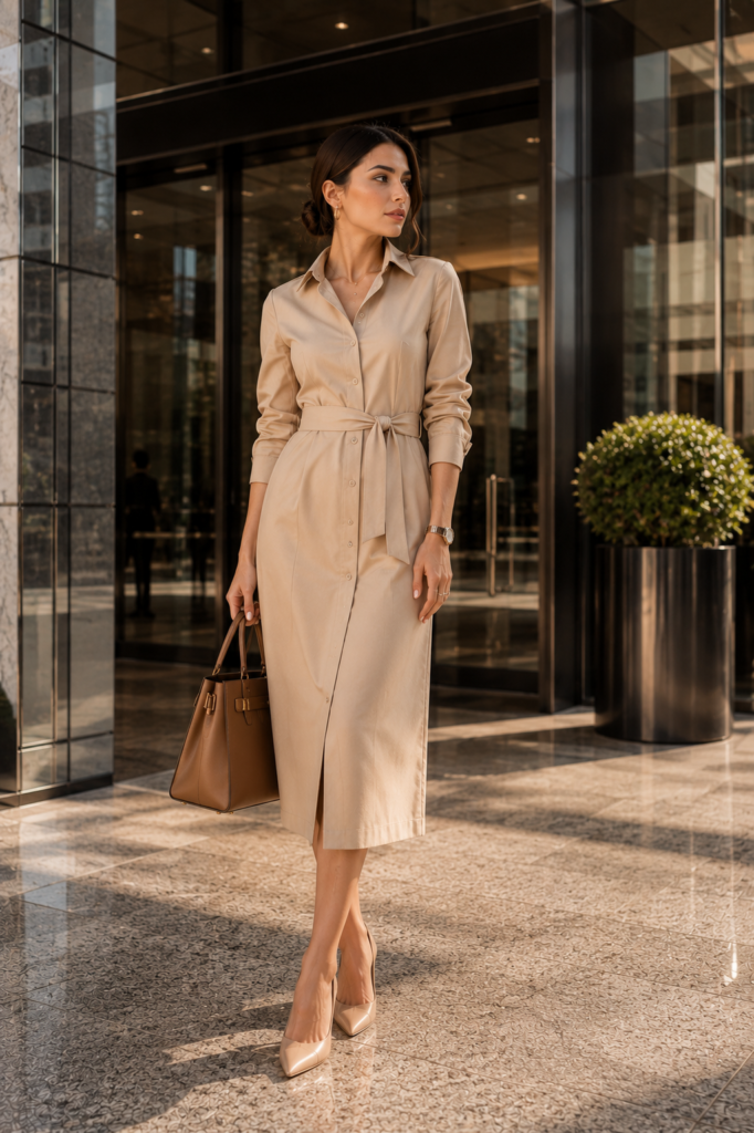 Woman wearing a beige belted midi shirt dress with nude pointed-toe heels and a structured tan handbag, creating an elegant and professional work outfit for the office.