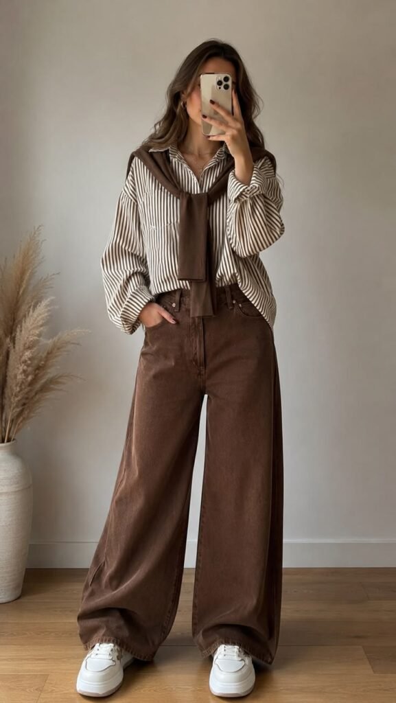 Woman wearing a striped button-down shirt with chocolate brown wide-leg jeans, white sneakers, and a sweater draped over her shoulders for a chic fall outfit.