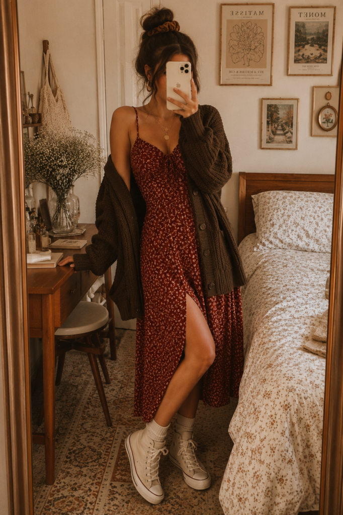 Woman taking a mirror selfie wearing a rust-red floral midi dress with a leg slit, an oversized olive-brown knit cardigan, and off-white high-top sneakers.