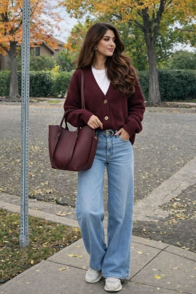 Woman wearing a burgundy cardigan with a white tee, wide-leg jeans, white sneakers, and a matching burgundy tote for a casual fall outfit.