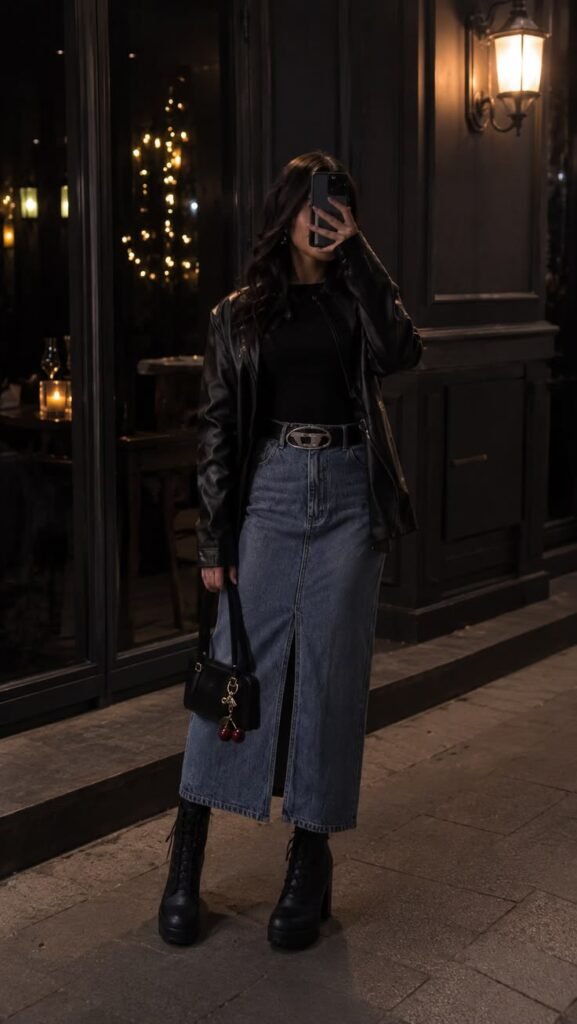 Woman wearing a black leather jacket, a black top, a blue denim maxi skirt with a front slit, and black chunky lace-up boots for a trendy fall night outfit.