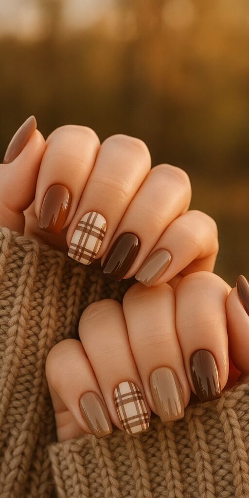 Cozy brown plaid fall nails with multi-toned cocoa and taupe polish, glossy squoval manicure, and flannel-patterned autumn accent nail design.