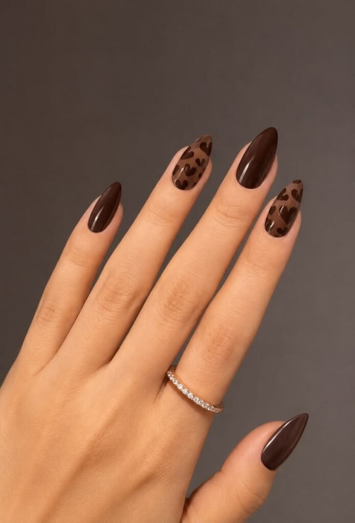 Glossy chocolate brown almond nails with nude leopard print accent nails, creating trendy and stylish fall nail ideas for autumn.
