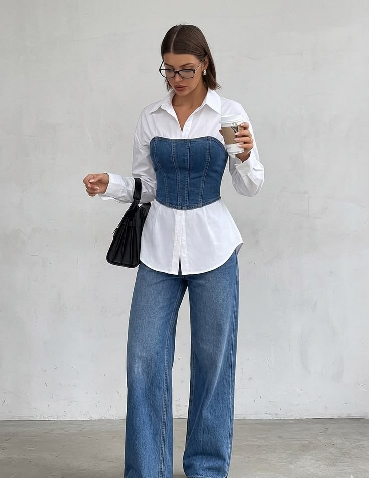 Woman holding a coffee cup wearing a denim corset layered over an oversized white button-down shirt, styled with wide-leg blue jeans and a black leather handbag.