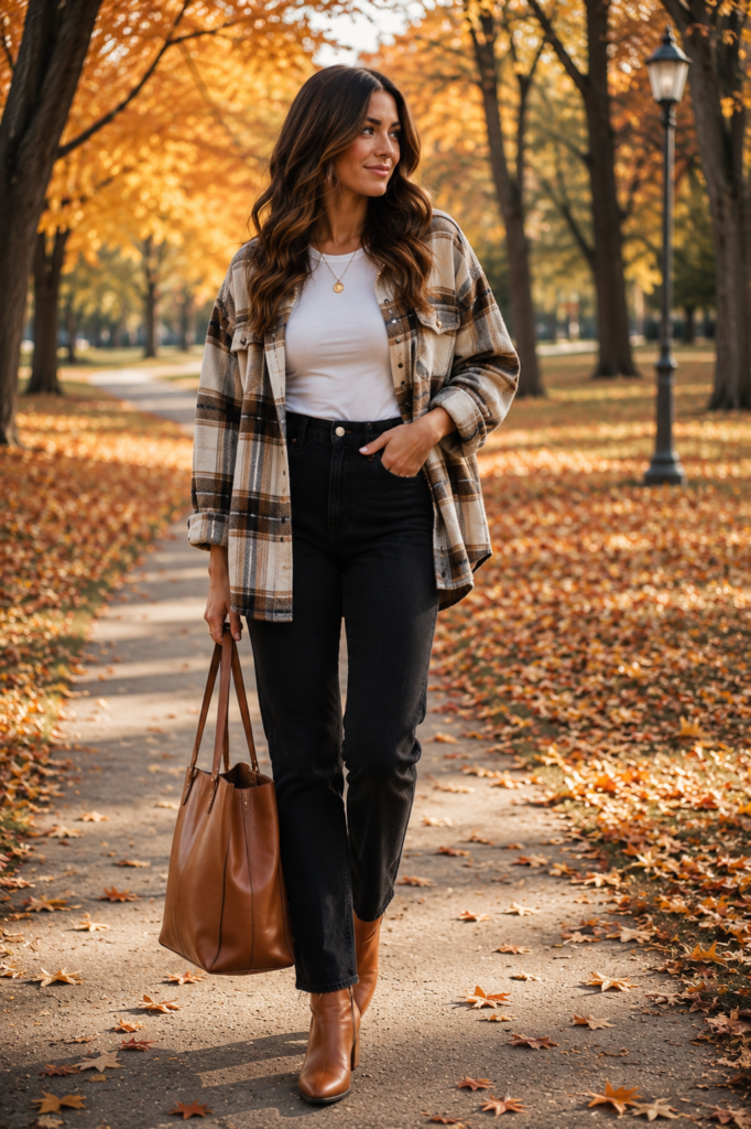 Woman wearing a plaid flannel shirt over a white tee with black jeans, tan ankle boots, and a brown tote bag for a casual fall outfit.