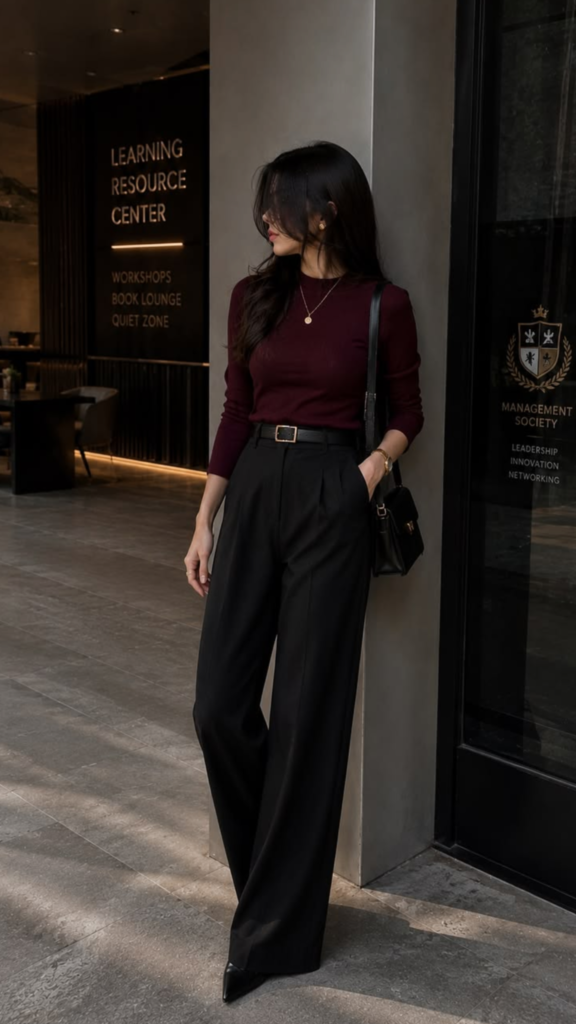 Woman wearing a burgundy knit top with black wide-leg trousers, black pointed-toe heels, and a structured shoulder bag for a sophisticated fall office outfit.