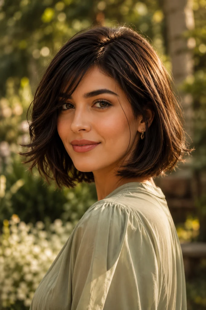 A woman wearing a feathered bob hairstyle with soft feathered layers, side-swept bangs, and natural movement. This elegant short bob haircut adds texture and light volume while flattering round, oval, and heart-shaped faces, making it a stylish choice for everyday wear.