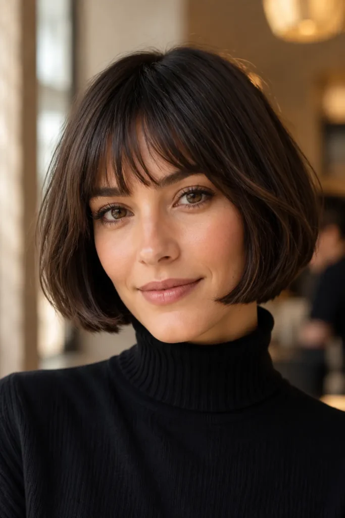 A woman wearing a classic French bob haircut with soft wispy bangs and a jaw-length cut. This elegant short bob hairstyle offers a modern Parisian-inspired look that is stylish, easy to maintain, and flattering for many face shapes.
