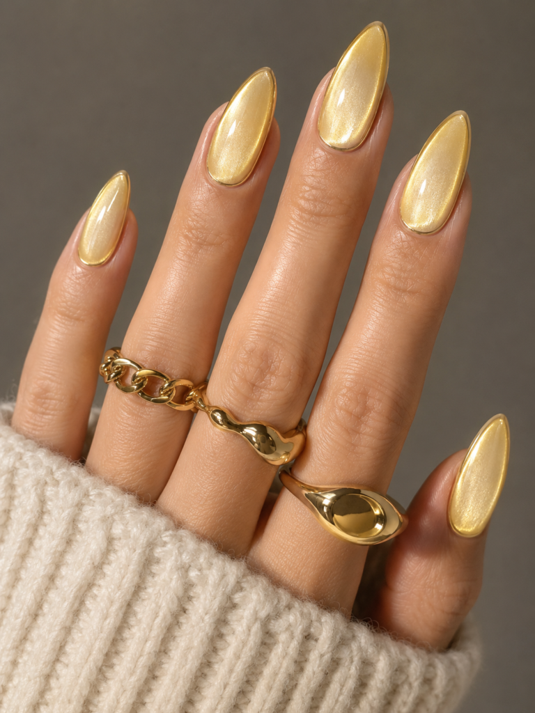A high-quality close-up of a hand with long, pointed almond nails featuring a metallic butter yellow velvet shimmer finish. The look is styled with heavy gold statement rings and a chunky white knit sweater sleeve.
