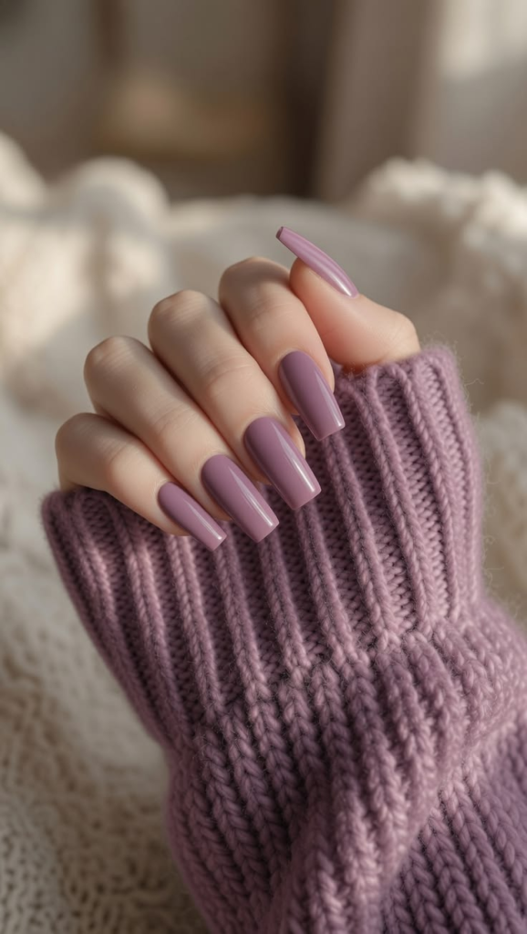 Muted dusty mauve nails, glossy long square manicure, and elegant grayish-purple solid cream minimalist nail design styled with a knit sweater sleeve.