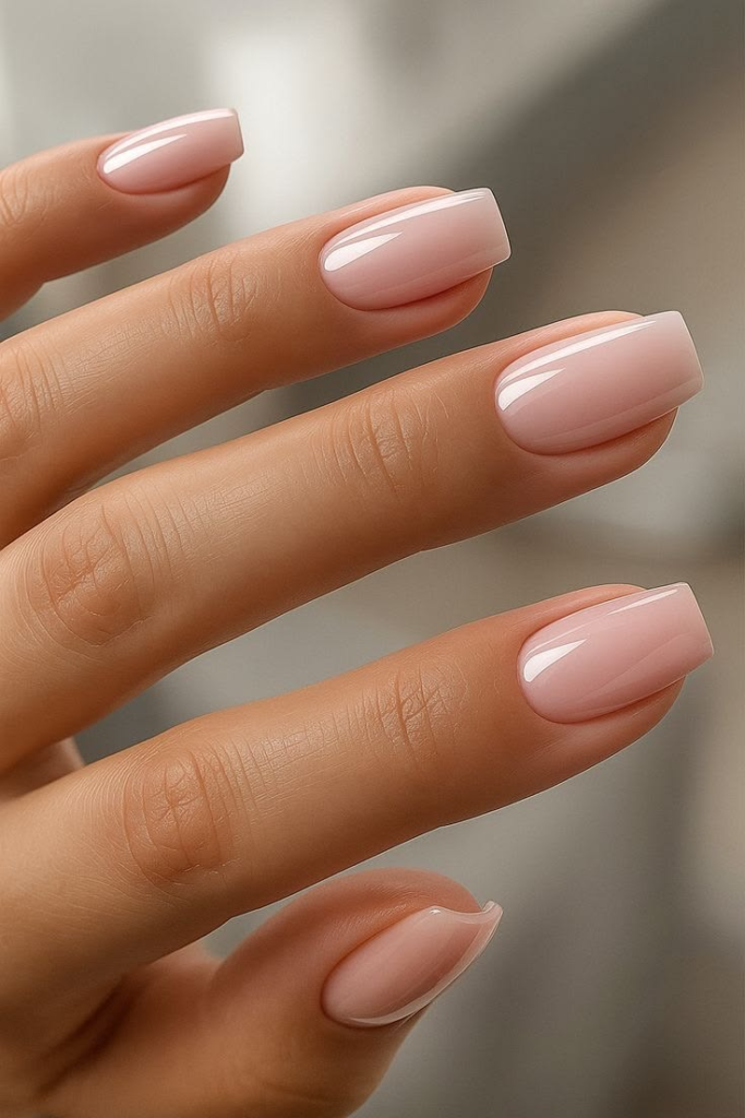 Sheer milky pink nails, glossy short square manicure, and translucent natural pink solid minimalist nail design.