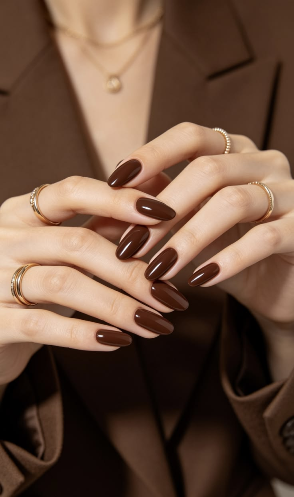 Rich chocolate brown nails, glossy medium almond manicure, and elegant dark espresso-brown solid color minimalist nail design styled with gold rings and a brown blazer.